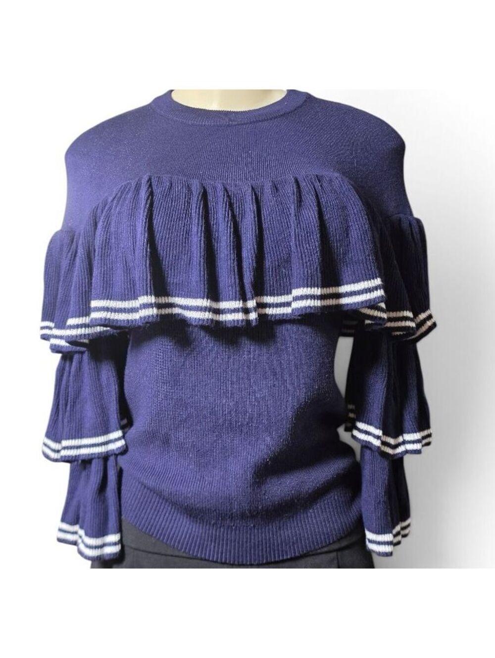 Flying Tomato Navy Ruffle Tiered Sleeve Sweater Small Nautical Coastal Sailor